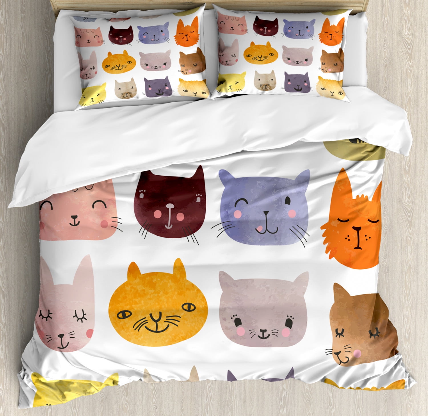 Colorful Cat Heads Queen Size Microfiber Duvet Cover Set