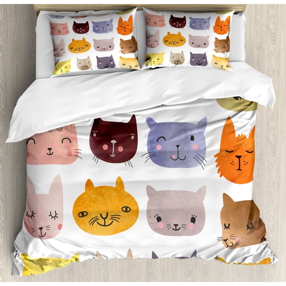 Cat Queen Size Duvet Cover Set, Cute Watercolor Effect Cat Heads in Colorful Humor Fun Purring Meow Animal Kids Artsy Print, Decorative 3 Piece Bedding Set with 2 Pillow Shams, Multi, by Ambesonne
