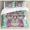 thumbnail image 1 of Cat Queen Size Duvet Cover Set, Fashion Cat in Hipster Glasses and Lace Collarette Bow Vintage Humorous Graphic, Decorative 3 Piece Bedding Set with 2 Pillow Shams, Pink Mint Green, by Ambesonne, 1 of 3