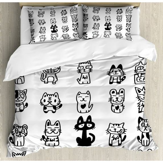Cat Queen Size Duvet Cover Set, Hand Drawn Sketchy Cats with Happy Face Gestures Comic Creatures Funny Art Print Image, Decorative 3 Piece Bedding Set with 2 Pillow Shams, Black White, by Ambesonne