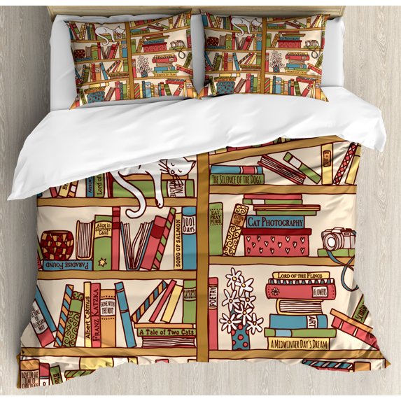 Cat Queen Size Duvet Cover Set, Nerd Book Lover Kitty Sleeping Over Bookshelf in Library Academics Feline Cosy Boho Design, Decorative 3 Piece Bedding Set with 2 Pillow Shams, Multi, by Ambesonne