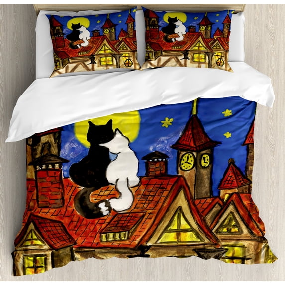 Cat Queen Size Duvet Cover Set, Two Love Cats Sitting on Roof in Old Town and Looking at Starry Sky Night Funk Artprint, Decorative 3 Piece Bedding Set with 2 Pillow Shams, Multi, by Ambesonne