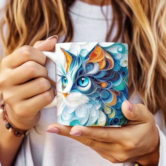 Cat Quilling-look Ceramic Mug, Purrfect Cat Lover Gift, Blue Green Kitty Coffee Cup, Cat Lady Tea Mug, Animal Lover Gift, Unique Coffee Mug
