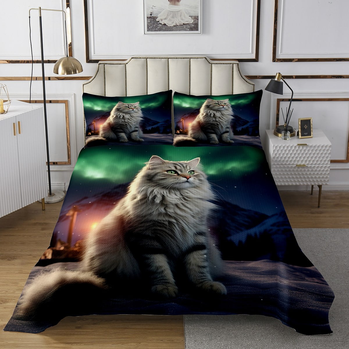 Halloween Quilt Set King Size - Pumpkin Black Cat Pattern Lightweight Bedspread