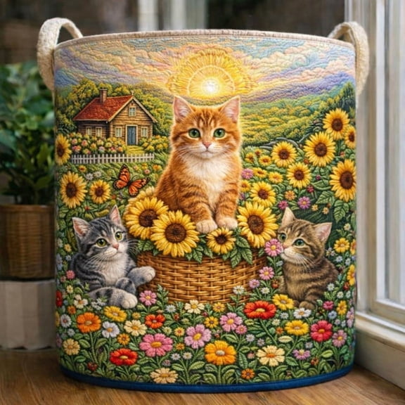 Cat Quilted Laundry Basket, Cute Kitten Laundry Hamper with Teddy Bear, Floral Cat Design Fabric Laundry Bin, Nursery Toy Storage