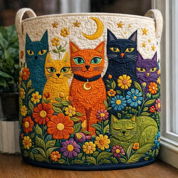 Cat Quilted Laundry Basket, Decorative Fabric Hamper with Floral Cat Design, Cute Laundry Storage Bin