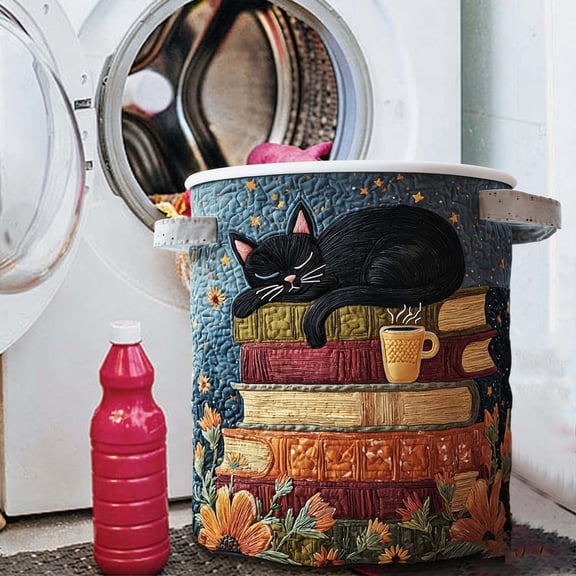 Cat Quilted Laundry Basket, Large Quilted Cute Cat Laundry Baskets with Reinforced Handles, Cozy Kitten Fabric Storage Hamper, 11.8''x17.7''