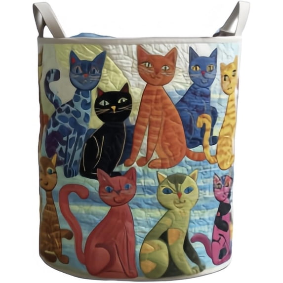 Cat Quilted Laundry Basket – Original Handmade Quilted Fabric Storage Bin for Clothes & Home Organization (C,Large (20" x 28"))