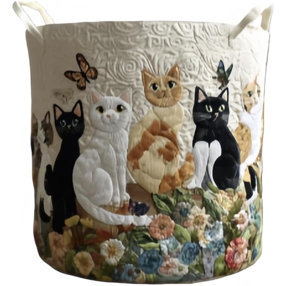 Cat Quilted Laundry Basket – Original Handmade Quilted Fabric Storage Bin for Clothes & Home Organization (H,Small (14" x 18"))