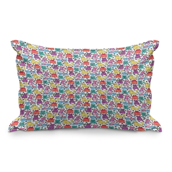 Cat Quilted Pillowcover, Cartoon Style Lively Colored Friendly Cheerful Characters with Hearts Happiness Love, Standard King Size Accent Pillow Cover for Bedroom, 36" x 20", Multicolor, by Ambesonne