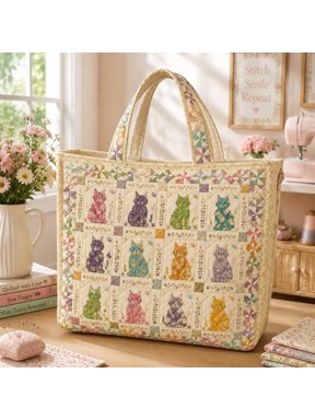 Cat Quilted Tote Bag, Colorful Floral Cat Print Shoulder Bag, Cute Kitty Patchwork Handbag, Cottagecore Pet Lover Tote KEO419
