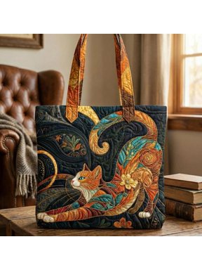 Cat Quilted Tote Bag, Colorful Patchwork Cat Art Tote, Artistic Quilted Bag, Gift for Cat Lovers & Cat Moms