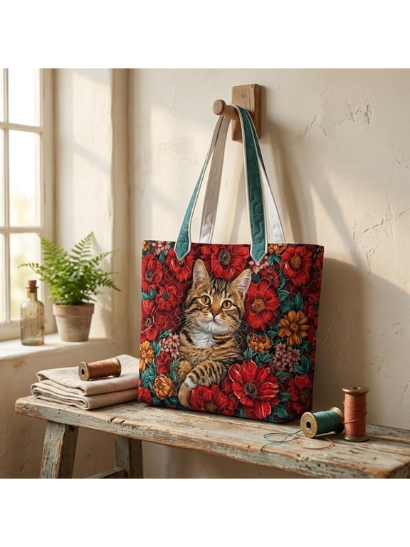 Cat Quilted Tote Bag, Floral Kitty Shoulder Bag, Cottagecore Quilt Tote, Lightweight Everyday Bag, Cat Lover Gift for Her