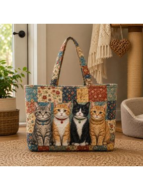 Cat Quilted Tote Bag, Vintage Floral Patchwork Purse, Four Cats Shoulder Bag, Cat Lover Gift