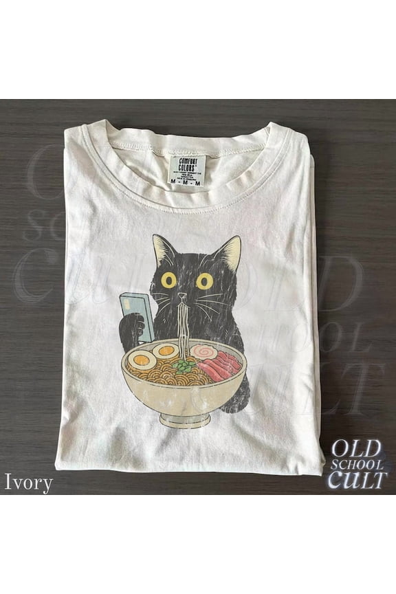 Cat Rahmen Unisex T-shirt, Cat Eating Ramen Funny Shirt, Graphic Tee for Cat Lovers, Vintage Kitty Top, Cool Casual Cat Print Shirt