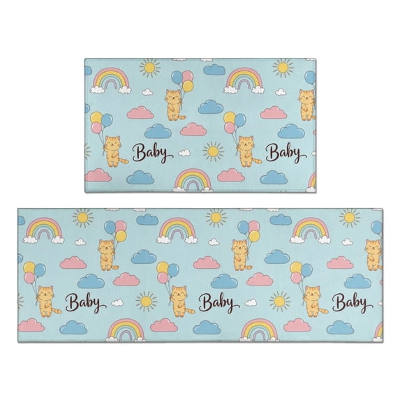 Cat and Rainbow Blue Pattern Anti Fatigue Kitchen Rugs Set Of 2, Non Slip Washable Decorative Floor Mats for Kitchen Sink Laundry, 17"x30" and 17"x47"