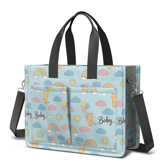 Cat and Rainbow Blue Pattern Canvas Messenger Tote Bag, Laptop Shoulder Bag with Multi Pockets & Removable Strap, Large Capacity Gifts for Work Travel Shopping