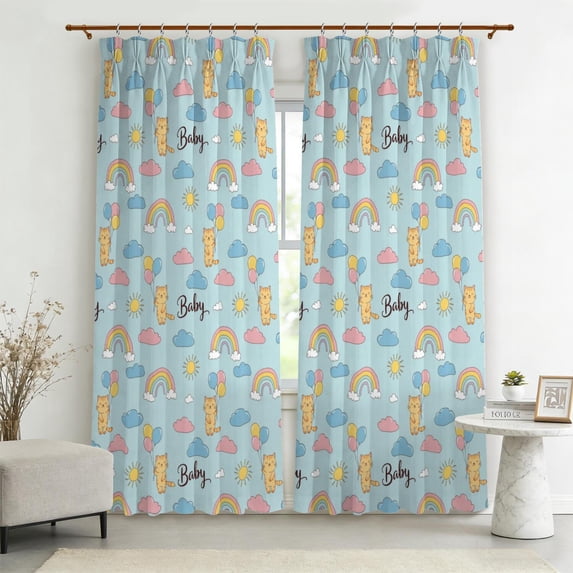 Pattern Blure Cat and Rainbow Blue Pattern Pinch Pleated Blackout Curtains, Pinch ...