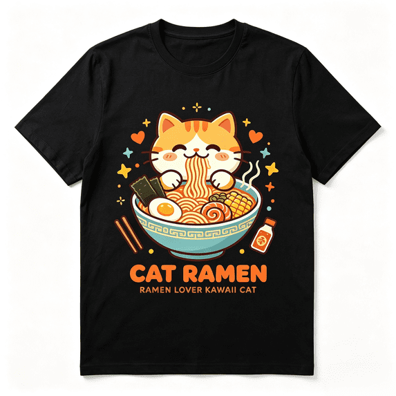 Cat Ramen Funny Graphic Tees Japanese Kawaii Cat Anime T-Shirt