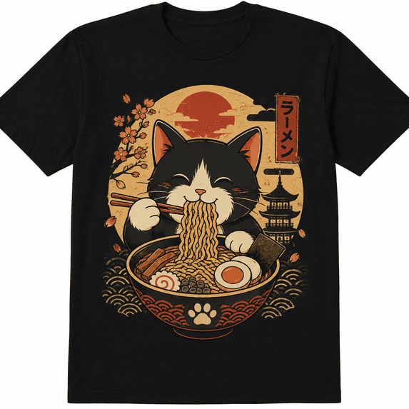 Cat Ramen Funny Graphic Tees Japanese Kawaii Cat Anime T-Shirt
