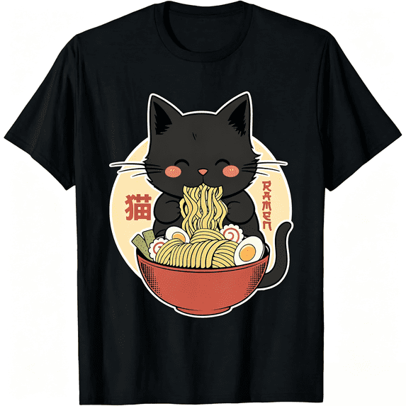 Cat Ramen Funny Graphic Tees Japanese Kawaii Cat Anime T-Shirt