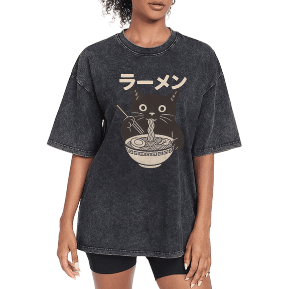 Cat Ramen Graphic Tees Print Tshirt Washed Black Cute Food Shirts S-2XL Fashion Tops