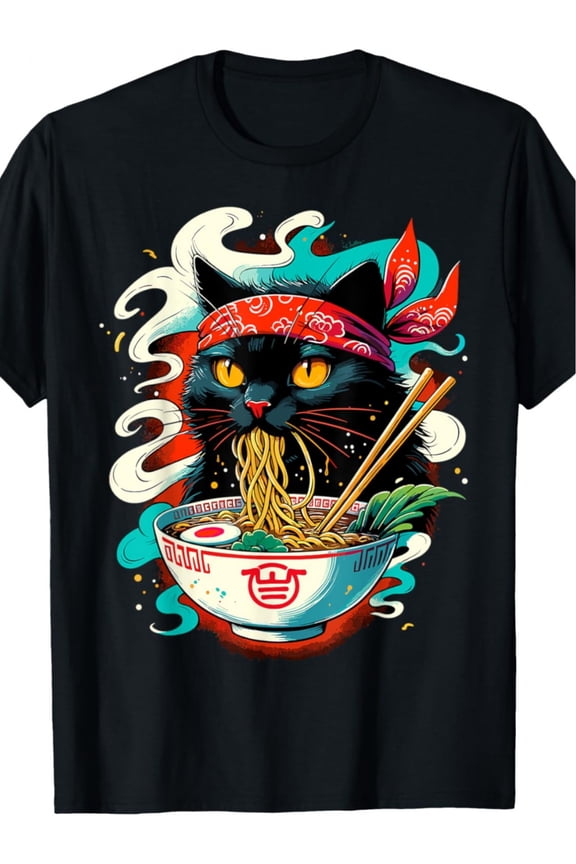 Cat Ramen Japanese Animation Cute Cat T-shirt, Men's Fashion Trend Crew Neck Casual Letter Printed T-shirt, Soft Touch T-shirt