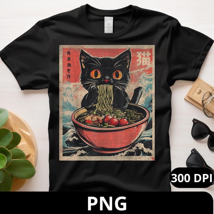 Cat Ramen Japanese Funny Graphic Tees Kawaii Cat Anime Gifts Png ...