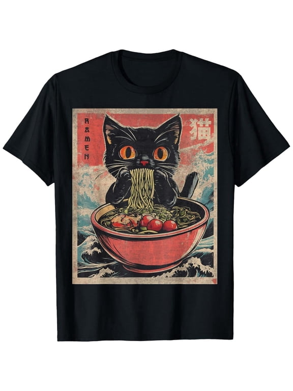 Cat Ramen Japanese Funny Graphic Tees Kawaii Cat Anime Gifts T-Shirt