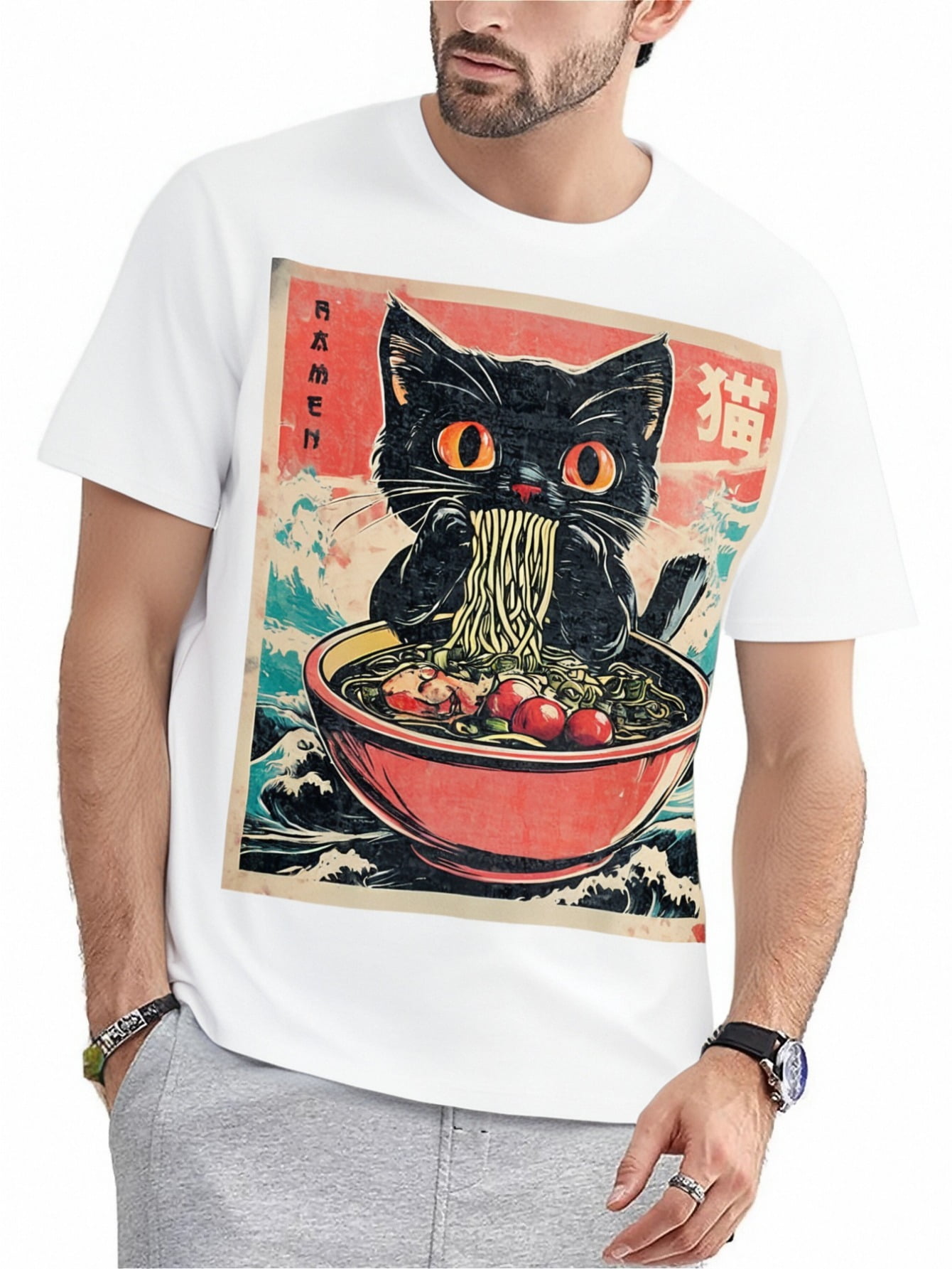 Cat Ramen Japanese Funny Graphic Tees Kawaii Cat Anime Gifts T-Shirt ...
