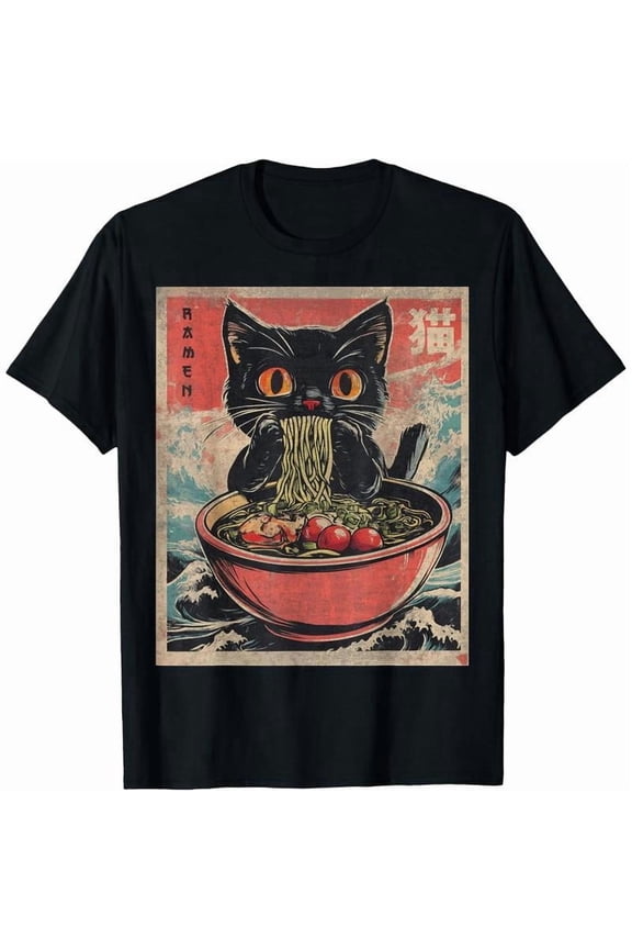 Cat Ramen Japanese Funny Graphic Tees Kawaii Cat Anime Gifts T-Shirt