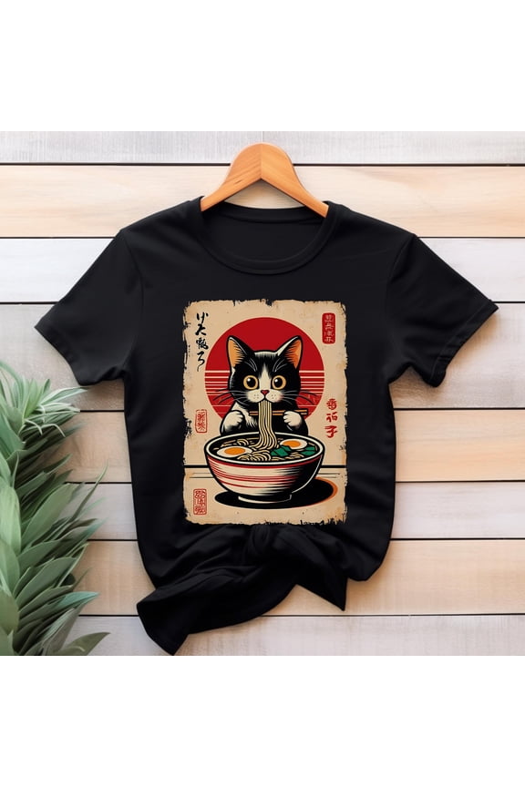Cat Ramen Lover shirt,Ukiyo-e inspired t-shirt,Japanese Cat Shirt,Cute Animal Graphic Top,Kitty Design Apparel,Kawaii Japanese art style Cat