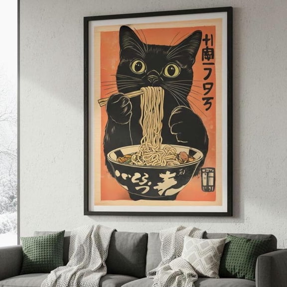 Cat Ramen Poster Japanese Kitchen Wall Art Cute Decor, Unframed Paper Poster 8x10in