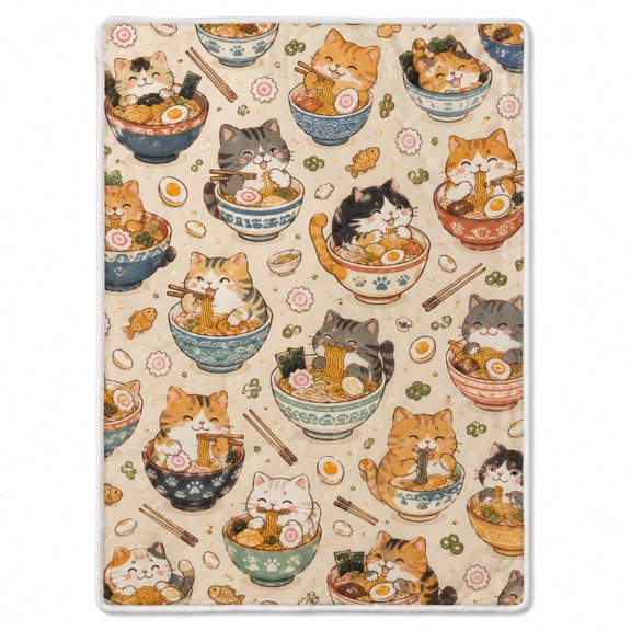 Cat Ramen Sherpa Blanket, Soft Polyester Fleece Throw, Multicolor 3D Print