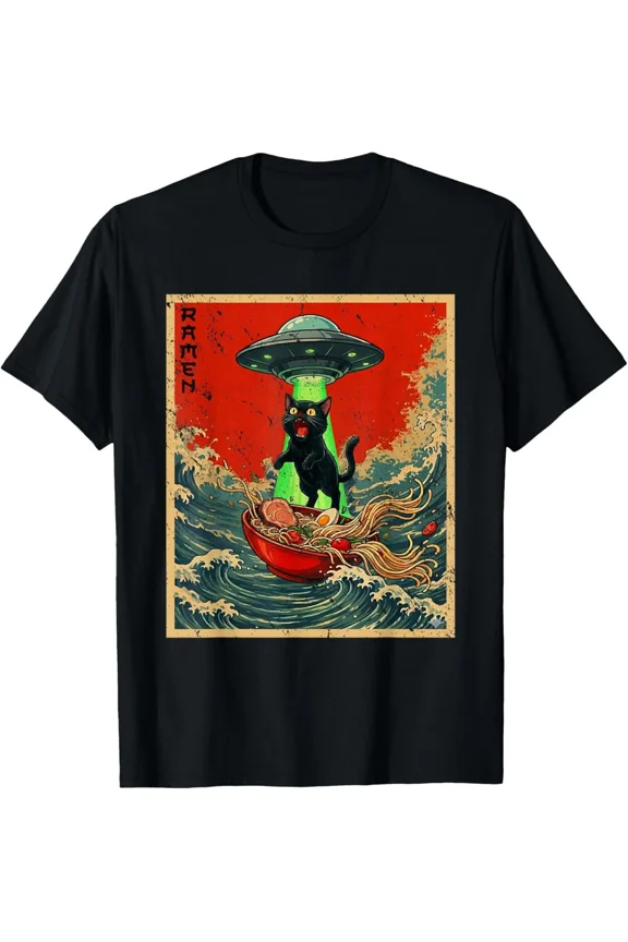 Cat Ramen UFO Japanese Anime Graphic Tees Men Women Teens T-Shirt