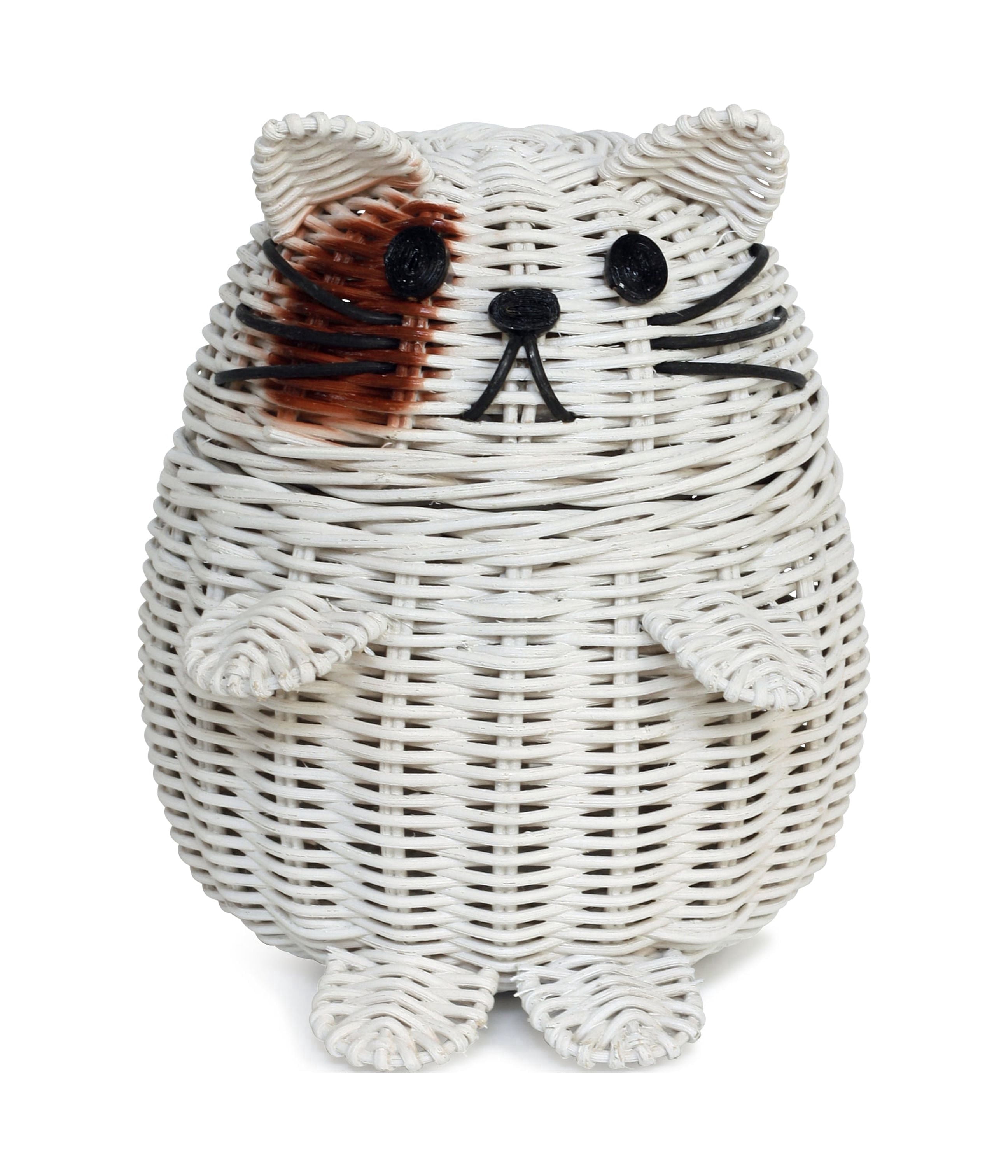 Cat Rattan Storage Basket with Lid Decorative Bin Home Decor Hand Woven Shelf Organizer Cute Handmade Handcrafted Gift Art Artwork Wicker Kitten
