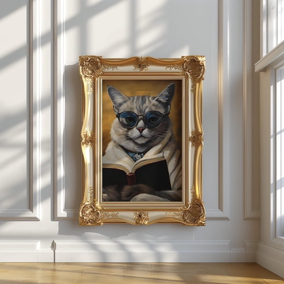 Cat Reading Art Poster: Library Wall Decor, Unframed Poster Size 24x36