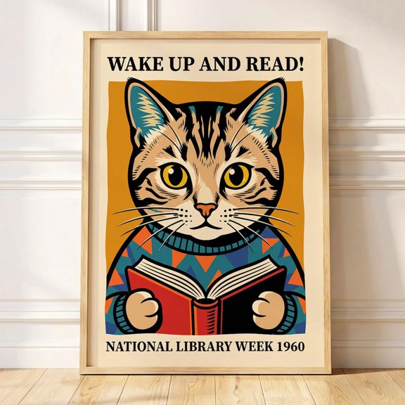 Cat Reading Book Lover Library Wall Art Reading Nook Decor National Library Week Educational Gift For Book Lover Print, Unframed Paper Print