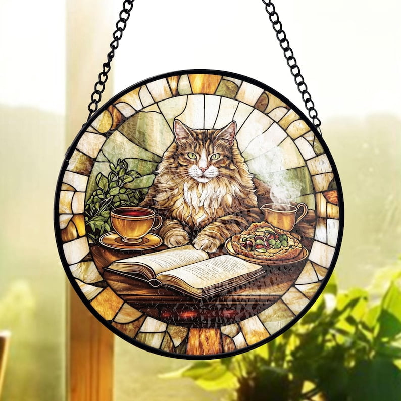 Cat Reading Book Stained Glass Suncatcher, Book Lover Suncatcher ...