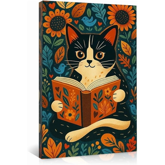 Cat Reading Book Wall Art,Black & White Cat Poster Print,Floral Bookworm Canvas Prints,Autumn Boho Decor,Cute Animal Bedroom Decor,Living Room Artwork Gift