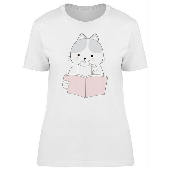 Cat Reading Book With A Cup T-Shirt Women -Image by Shutterstock, Female Medium