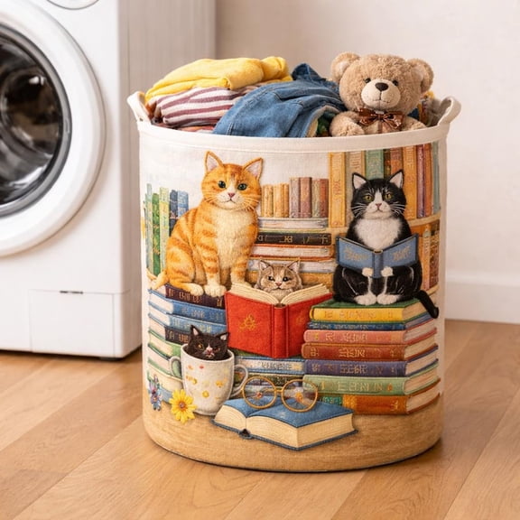 Cat Reading Books Quilted Laundry Basket, Cute Cat Lover Hamper, Book Lover Storage Bin, Literary Cat Nursery Decor, Kids Room Organizer