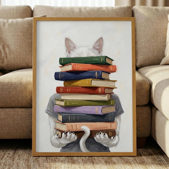 Cat Reading Cat With Stack Of Books Book Lover Pet Art Library Reading ...