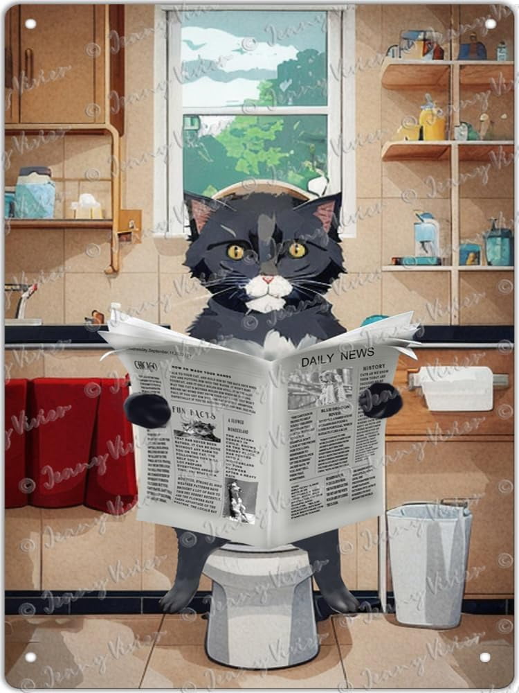 Cat is Reading Newspaper in Toilet Vintage Tin Sign Wall Art Plaque ...