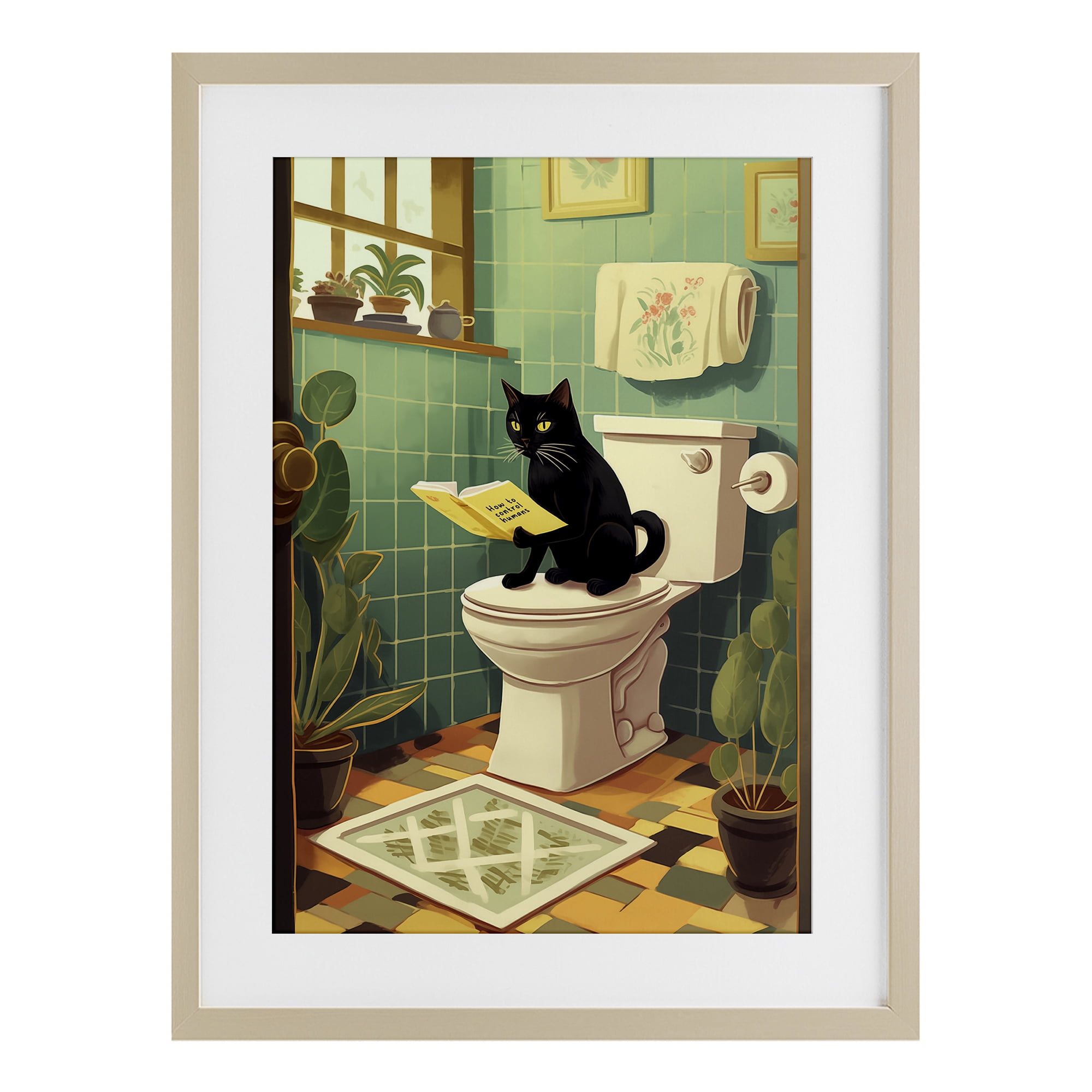 Cat Reading On Toilet Birch Framed Print Under Glass, design by Andreas Magnusson