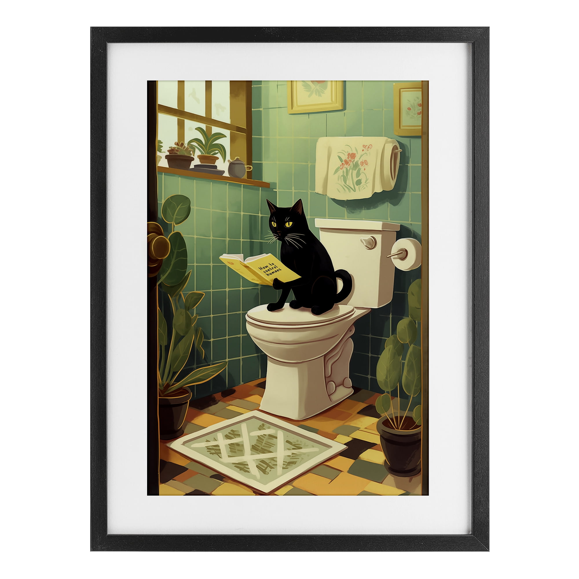 Cat Reading On Toilet Black Framed Print Under Glass, design by Andreas Magnusson