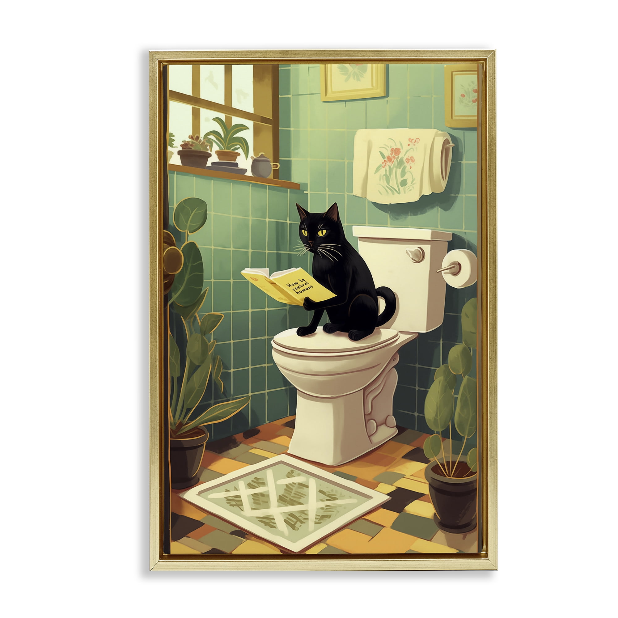 Cat Reading On Toilet Gold Framed Floater Canvas Wall Art, design by Andreas Magnusson