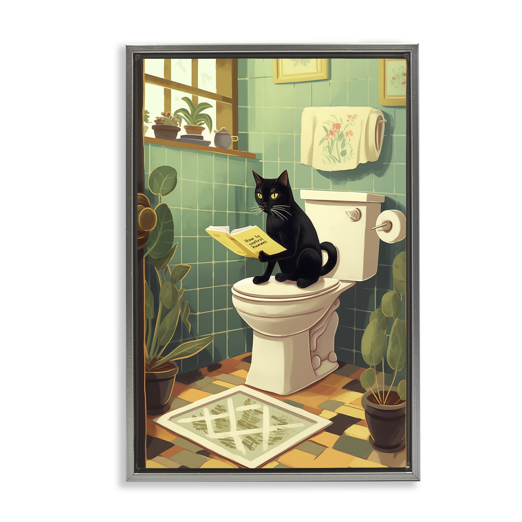 Cat Reading On Toilet Gray Framed Floater Canvas Wall Art, design by Andreas Magnusson