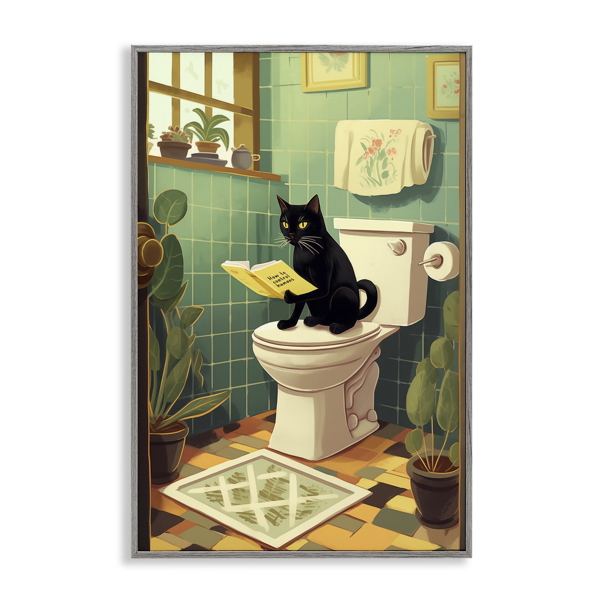 Cat Reading On Toilet Gray Framed Giclee Art, design by Andreas Magnusson