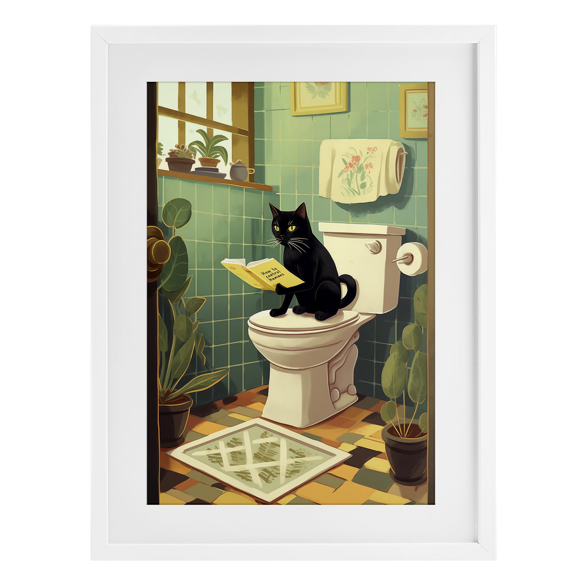 Cat Reading On Toilet White Framed Print Under Glass, design by Andreas Magnusson